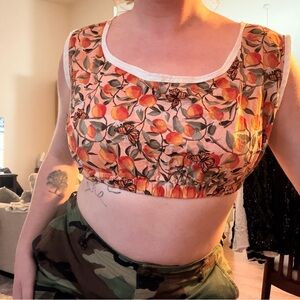 Handmade Peach and Butterfly Print Crop Tank Top with Elastic Band